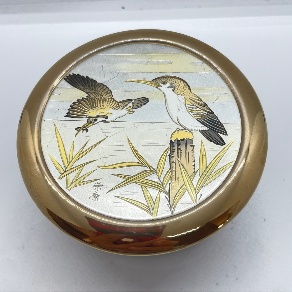 Vintage Chokin Art 24 KT Gold Edged Trinket Box Japan Birds GVC